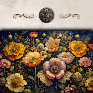 Papel De Seda Jardim de Papoulas Douradas Decoupagem Floral