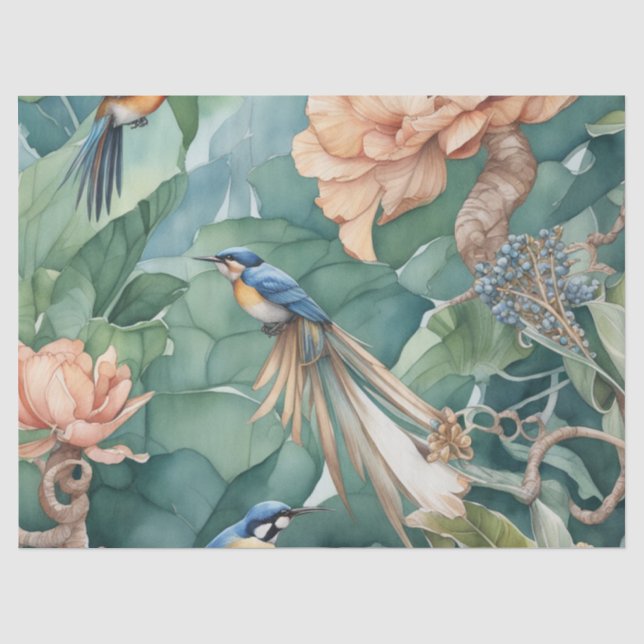 Papel De Seda Jardim do Éden com Pássaros e Flores Decoupage Pa (Frente )