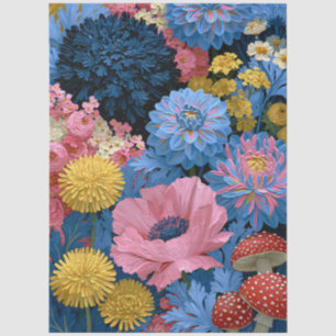 Papel De Seda Jardim Floral de Cogumelos em Decoupage Rosa e Azu