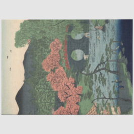 Papel De Seda Jardim Japonês Vintage Lake w Bridge Coral Blue