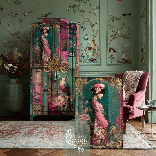 Papel De Seda Jardim Oriental, Arte de Colagem de Retratos (Oriental Garden, Asian Beauty, Chinoiserie Patchwork Collage Decoupage Tissue.)