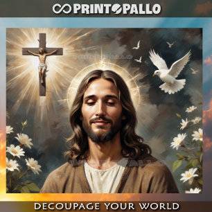 Papel De Seda Jesus Cristo reze pela mãe Terra com Pombas Sagrad