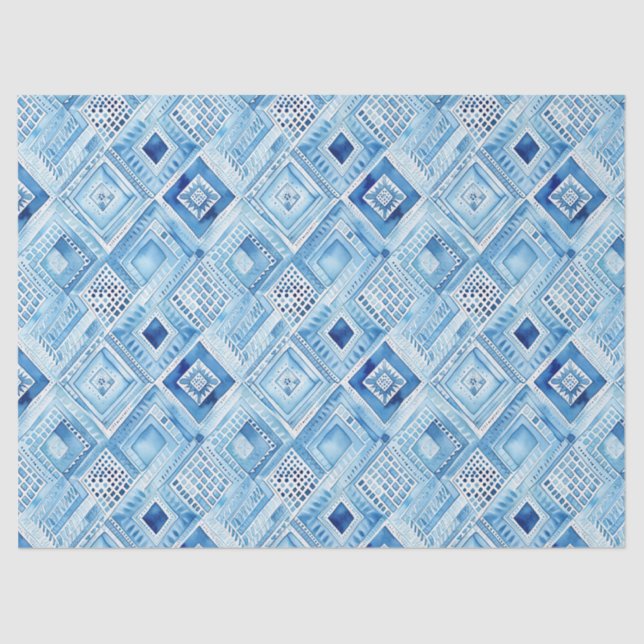 Papel De Seda Joia azul branca com batik quadrado (Frente )