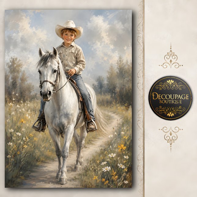 Papel De Seda Jovem Vaqueiro em Cavalo Branco Decoupage (Young Cowboy on White Horse Decoupage Tissue Paper)