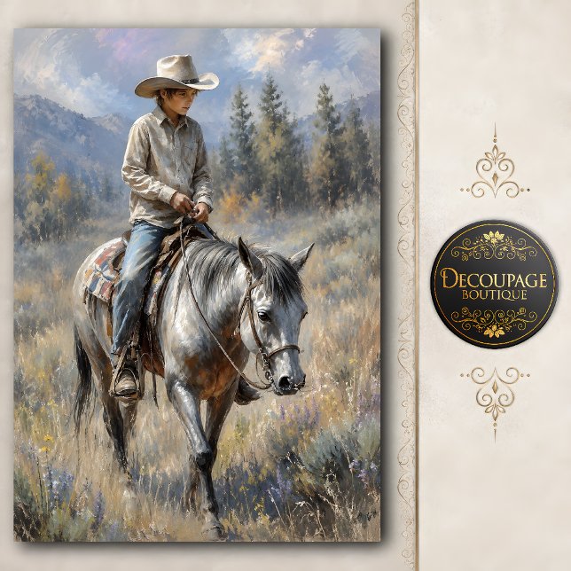 Papel De Seda Jovem Vaqueiro em Cavalo Decoupage (Young Cowboy on Horse Decoupage Tissue Paper)