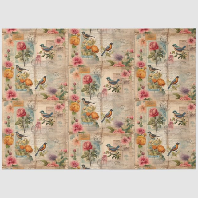 Papel De Seda Junk Journal Seite mit Blumen + Vögel -  (Frente )