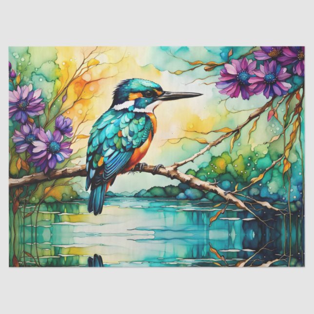 Papel De Seda Kingfisher perraçado sobre a água Flores selvagens (Frente )