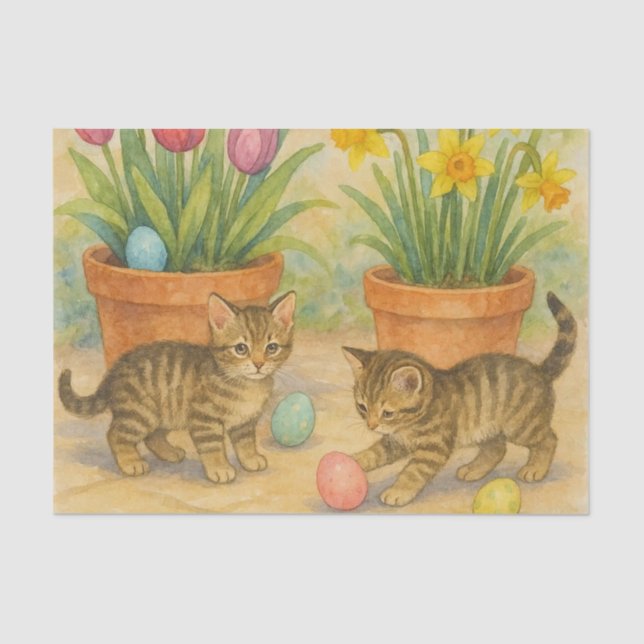 Papel De Seda Kittens Playing with Easter Eggs  (Frente )