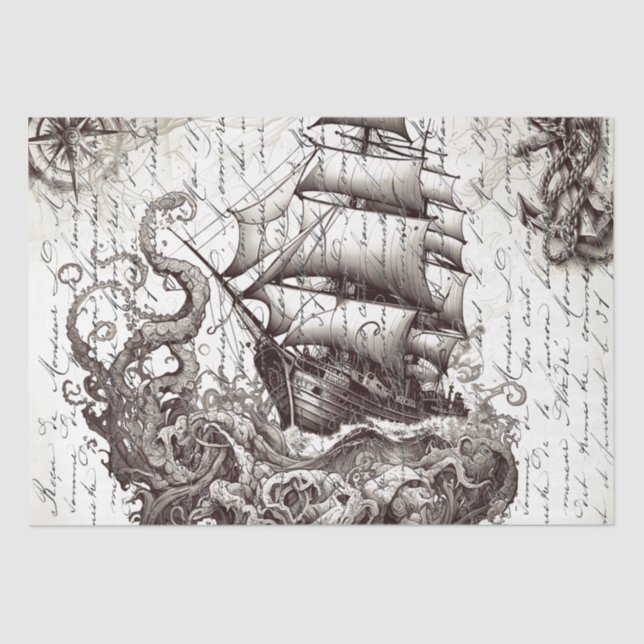 Papel De Seda Kraken vs pirate ship nautical theme (Frente )