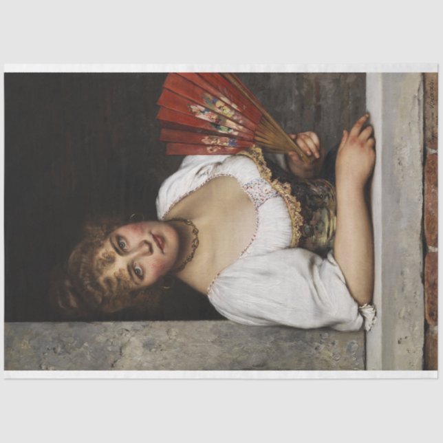 Papel De Seda Lady with a Red Fan (por Eugene de Blaas) (Frente )