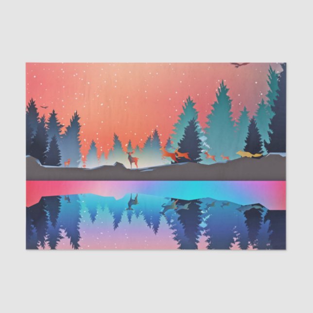 Papel De Seda Lago de inverno Cênico com Veado (Frente )