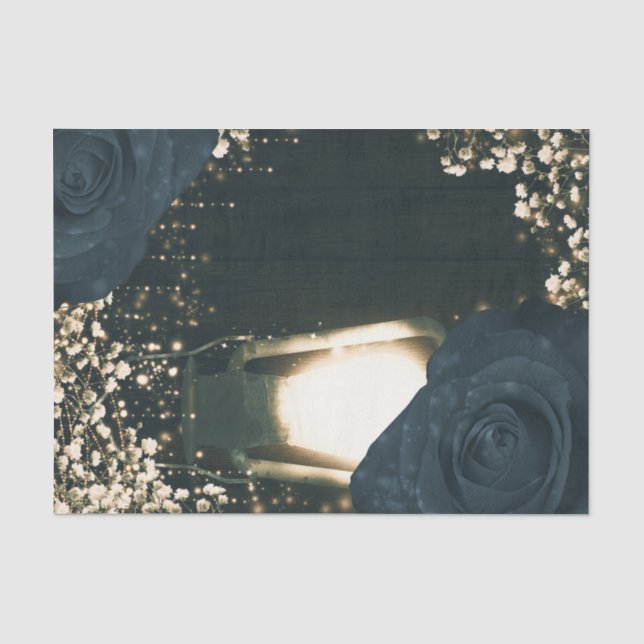 Papel De Seda Lâmpada de Lanterna Rustic Glow Azul Marinho Rosas (Frente )