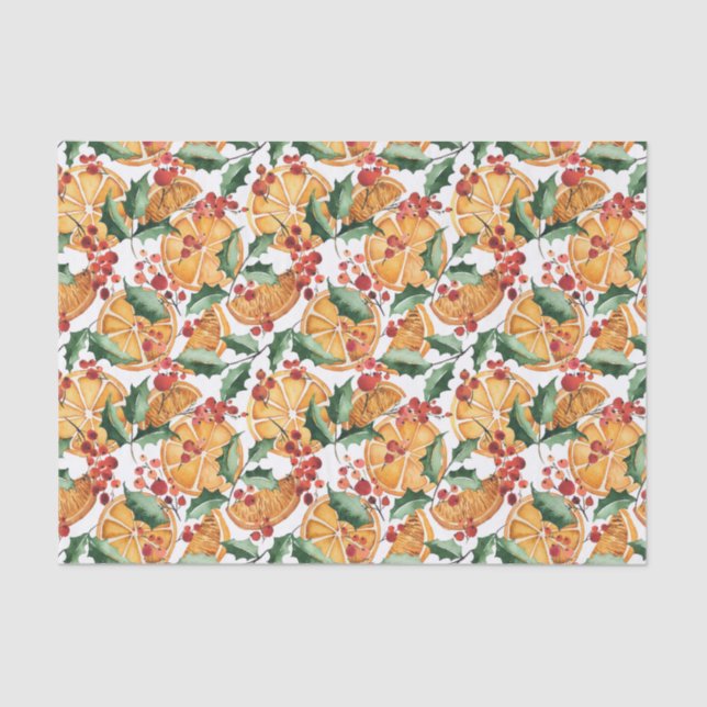 Papel De Seda Laranjas dessecadas por aquarelas e Berries Natal (Frente )