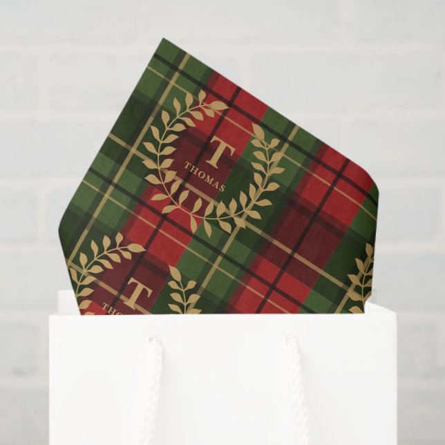 Papel De Seda Laurel Monogram On Red And Green Christmas Plaid (Sacola de presentes)