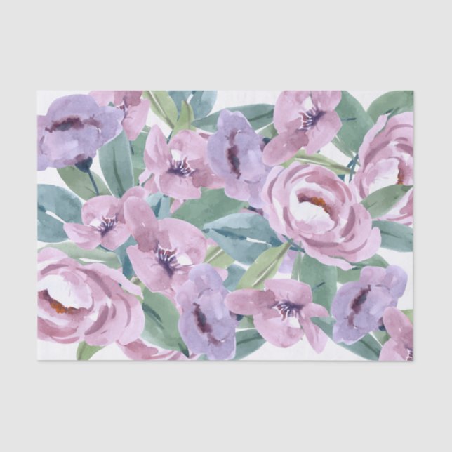 Papel De Seda Lavendar Rosas de Aquarela Roxo Flores (Frente )