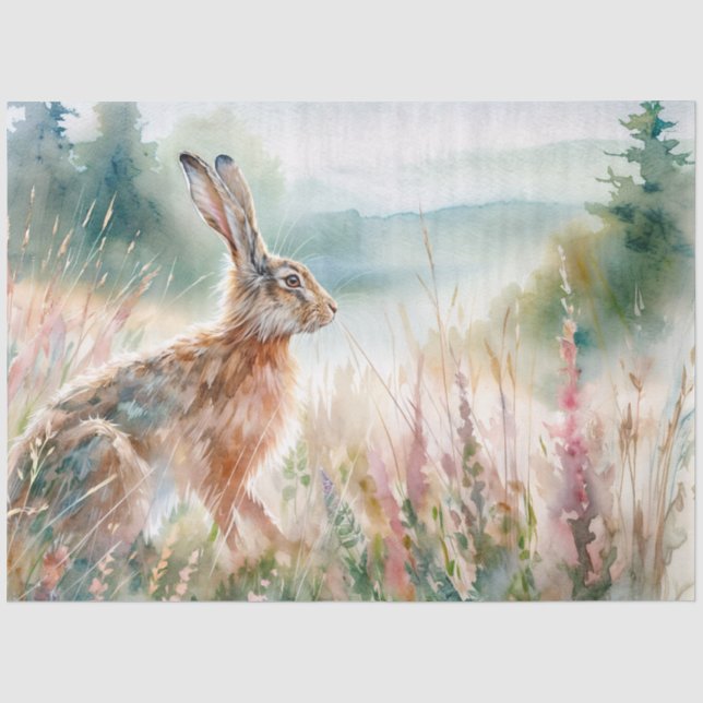 Papel de Seda Lebre Aquarela em Prado (Frente )