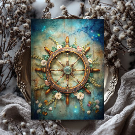 Papel De Seda Leme de navio floral marítimo de vintagem aquática