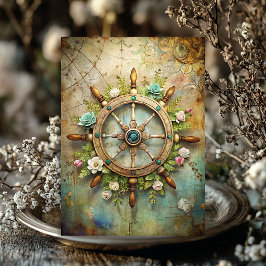 Papel De Seda Leme de navio floral marítimo de vintagem aquática