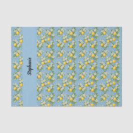 Papel De Seda Lemon Citrus Blue Tile Pattern Monogram Name