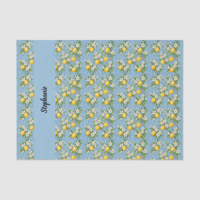 Papel De Seda Lemon Citrus Blue Tile Pattern Monogram Name (Frente )