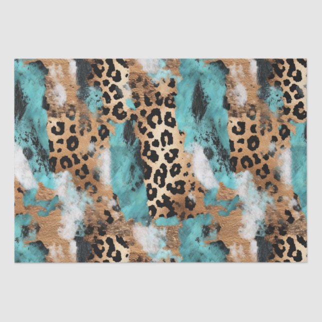 Papel De Seda Leopardo Negro Dourado Turquesa (Frente )