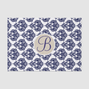 Papel De Seda Letra Inicial Monograma Glam Damask Azul e Branco