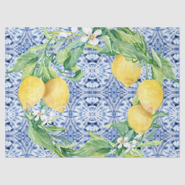 Papel De Seda Limão Citrus Wreath Farmhouse Marinho Azul n Branc (Frente )