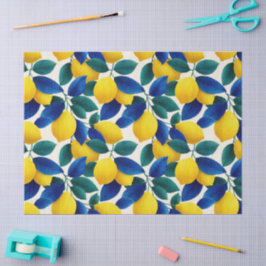 Papel De Seda Limão Vibrante e Folhas Azuis Padrão de Aquarela