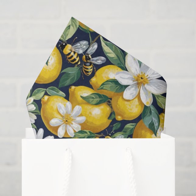 Papel De Seda Limões Amarelos Frescos Com Abelhas Ocupadas & Flo (Sacola de presentes)