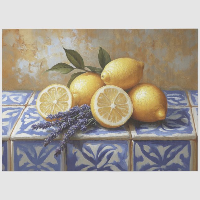 Papel De Seda Limões e Lavanda Azulejo azul, vida estática (Frente )