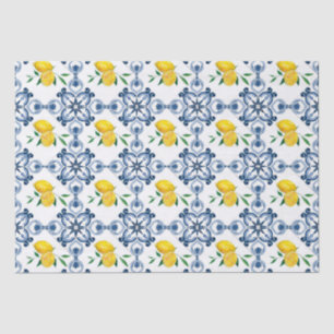 Papel De Seda Limões e Padrão Azul do Azulejo marroquino