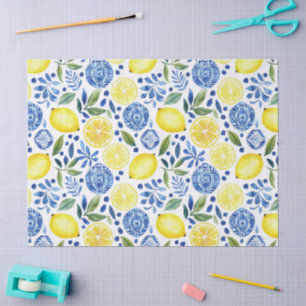 Papel De Seda Limões Mediterrâneos Azulejos Azuis