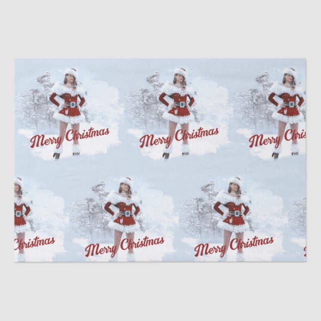 Papel De Seda Linda mulher de Natal sobre a neve do inverno (Frente )