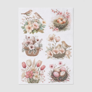 Papel De Seda Lindas Flores Rosa Pastel, Pássaros, Ninhos e Ovos