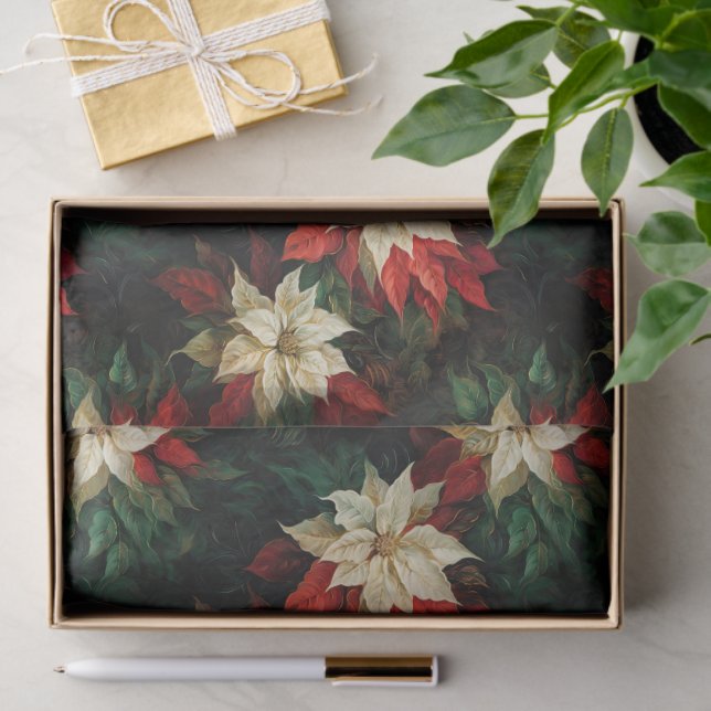 Papel De Seda Lindas Poinsettias Vermelhas e Brancas (Presente)