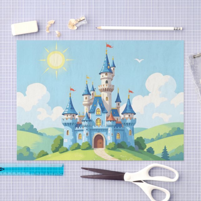 Papel De Seda Lindo castelo azul e branco (Arte )