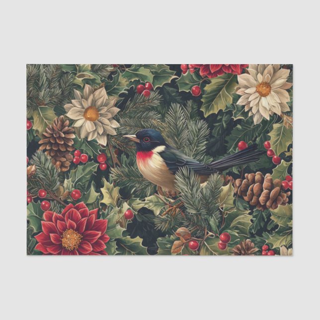Papel De Seda Lindo Pássaro nos Galhos de Pinheiro com Flores (Frente )