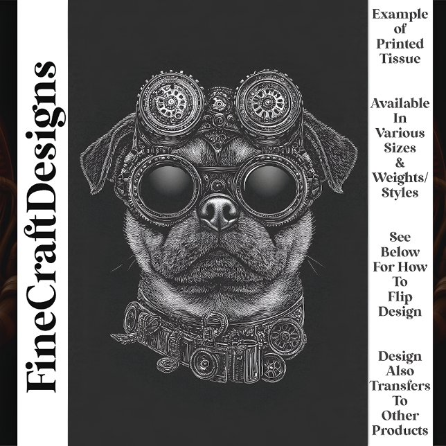 Papel De Seda Lindo Pug Steampunk Preto e Branco Decoupage T6 (Criador carregado)