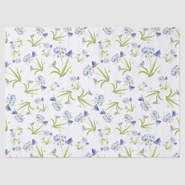 Papel De Seda Lírio Africano com Mãe e Filhote de Pássaro Azul (Frente )
