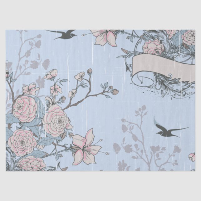 Papel De Seda Lírios cor-de-rosa e Rosas em azul (Frente )