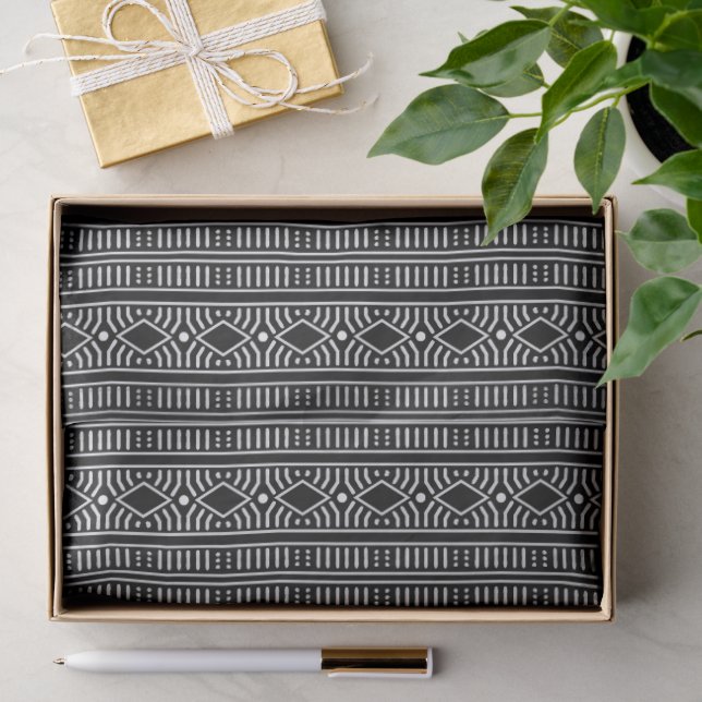 Papel De Seda Listra de Mudcloth Preto e Branco Moderna (Presente)