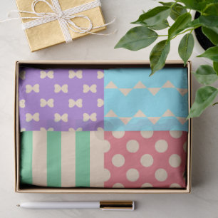 Papel De Seda Listra de Xadrez Pastel com Bolinhas e Laço Geomét