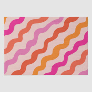 Papel De Seda Listras Retrô Abstratas Ondas Rosa Vermelho Laranj