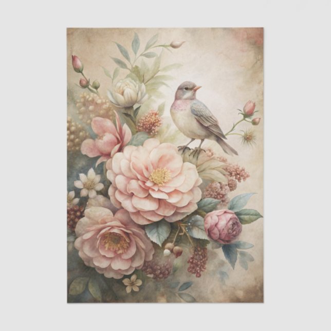 Papel De Seda Little Bird Perched on Pretty Floral Bouquet (Frente )