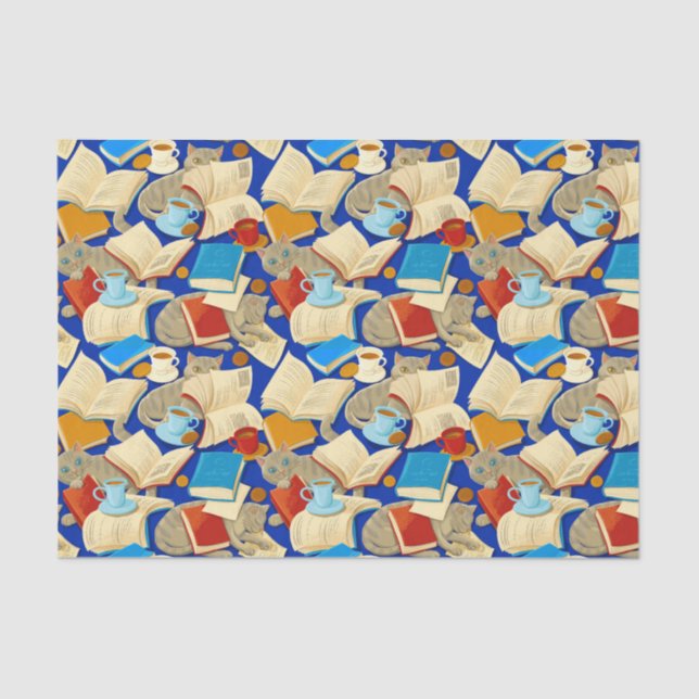 Papel De Seda Livros e gatos em azul (Frente )