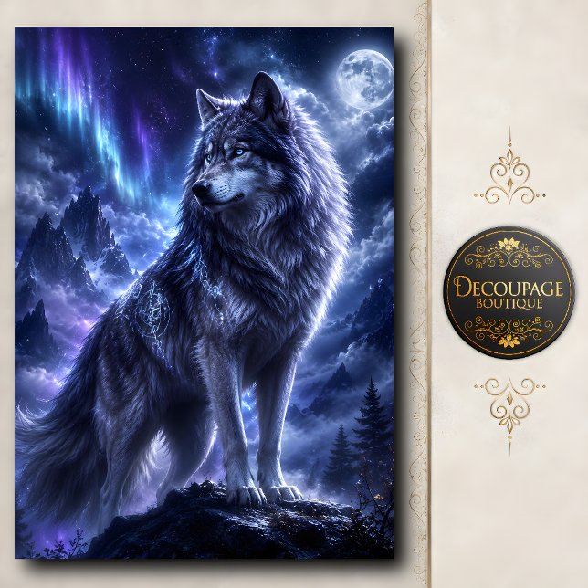 Papel De Seda Lobo Místico da Lua Aurora Decoupage (Mystical Moon Wolf Aurora Decoupage Tissue Paper)