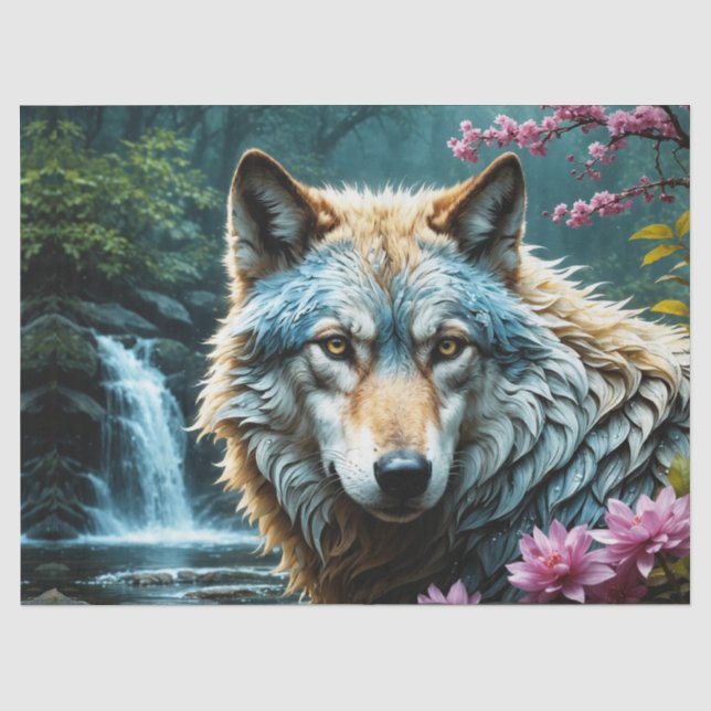 Papel De Seda Lobo no rio com flores (Frente )