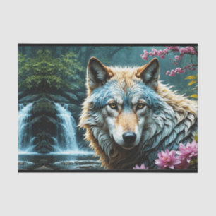 Papel De Seda Lobo no rio com flores