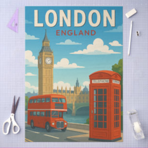 Papel De Seda Londres Inglaterra Viagem Antiga Big Ben, Ônibus V