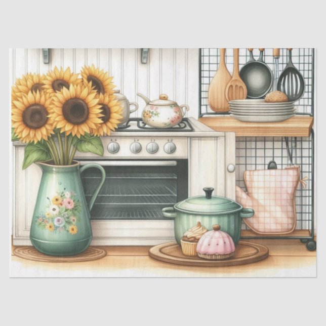 Papel De Seda Louças Retrô de Cozinha e Arte de Girassóis (Frente )